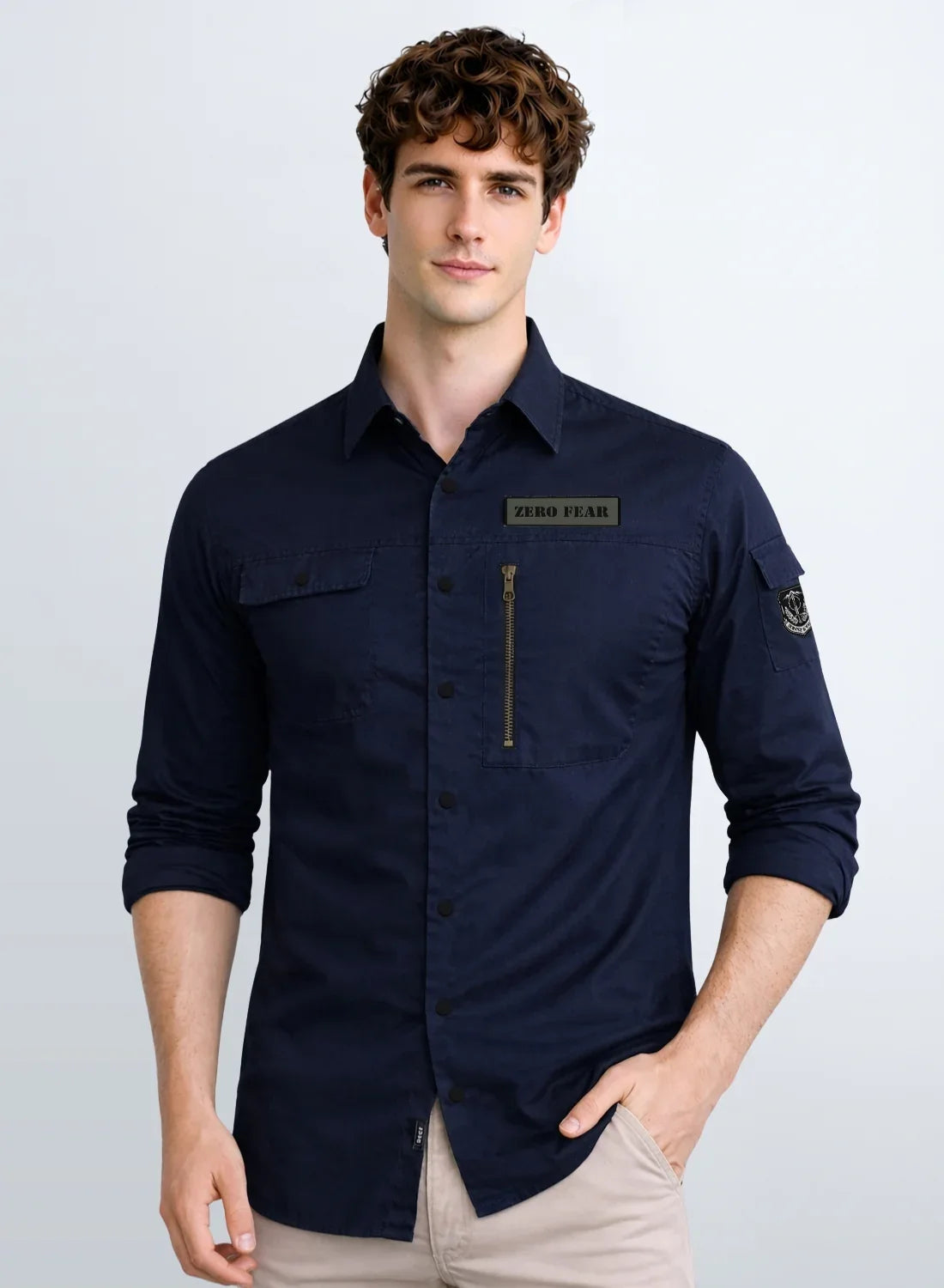 ADRO Men’s Solid Navy Blue Cargo Shirt| Premium Cotton Casual Shirts for Men | Zipper Pocket & Military Style Velcro Badge | Limited Stock Navy Blue