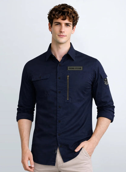 ADRO Men’s Solid Navy Blue Cargo Shirt| Premium Cotton Casual Shirts for Men | Zipper Pocket & Military Style Velcro Badge | Limited Stock Navy Blue