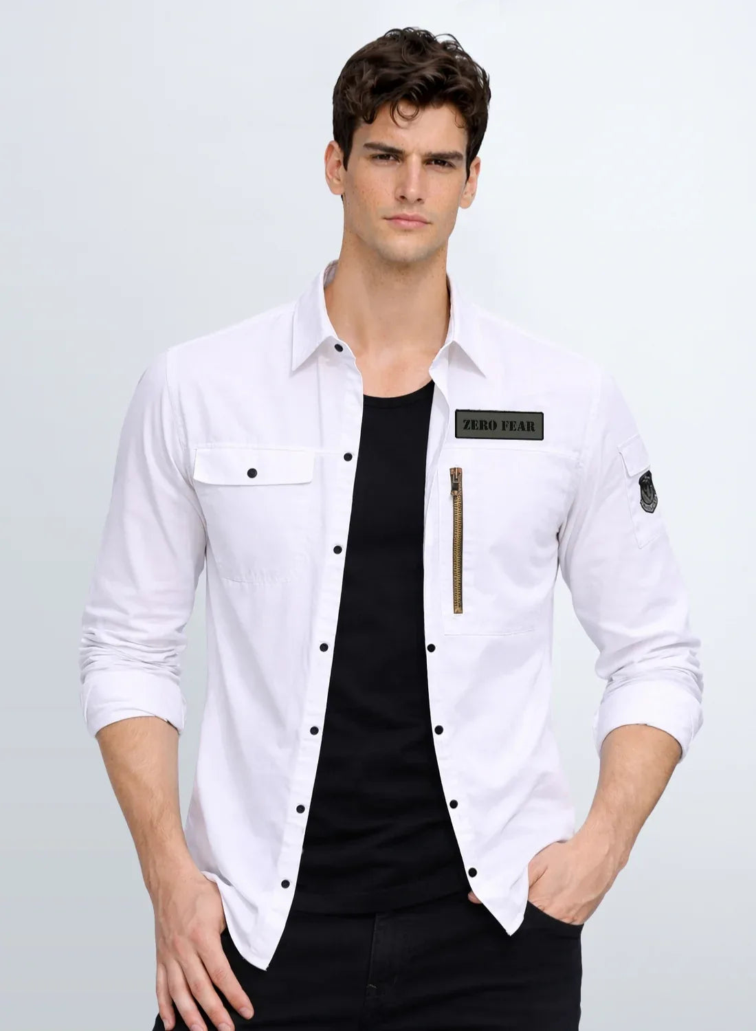 ADRO Men’s Solid White Cargo Shirt| Premium Cotton Casual Shirts for Men | Zipper Pocket & Military Style Velcro Badge | Limited Stock