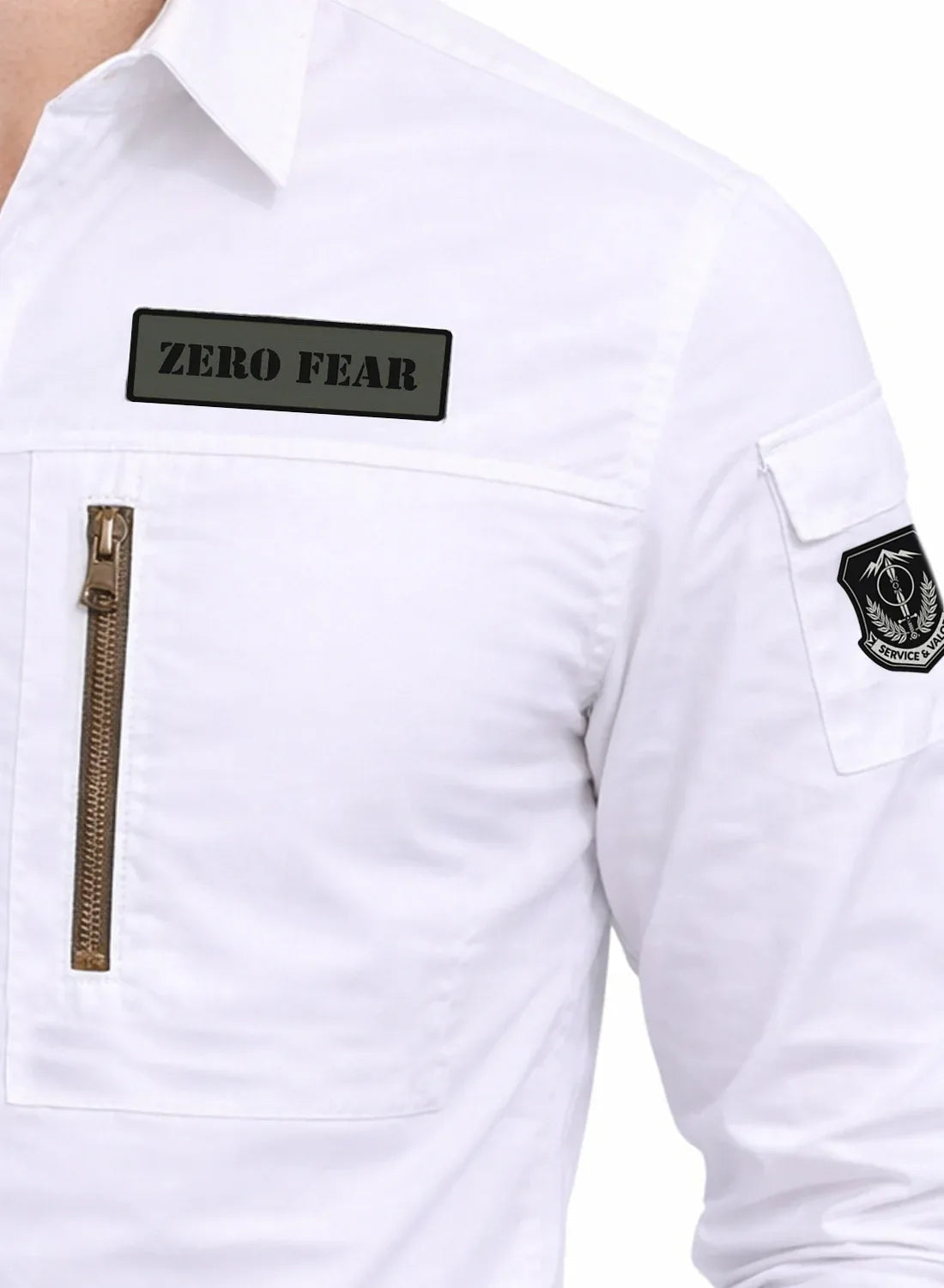 ADRO Men’s Solid White Cargo Shirt| Premium Cotton Casual Shirts for Men | Zipper Pocket & Military Style Velcro Badge | Limited Stock