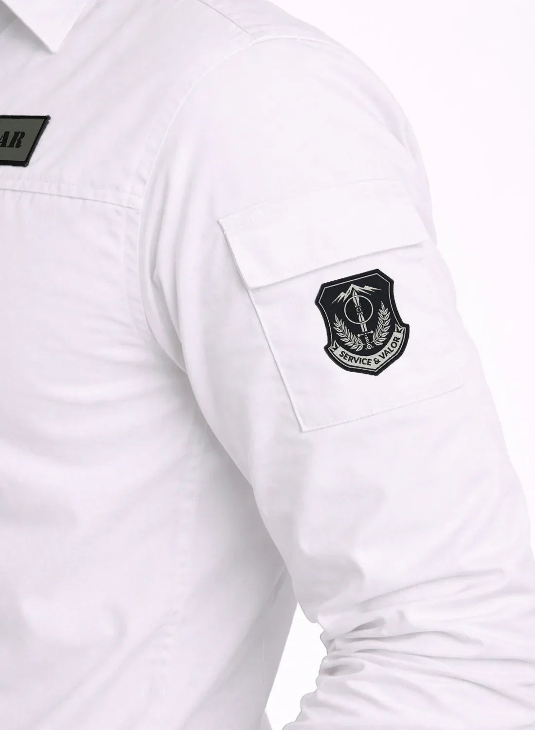 ADRO Men’s Solid White Cargo Shirt| Premium Cotton Casual Shirts for Men | Zipper Pocket & Military Style Velcro Badge | Limited Stock