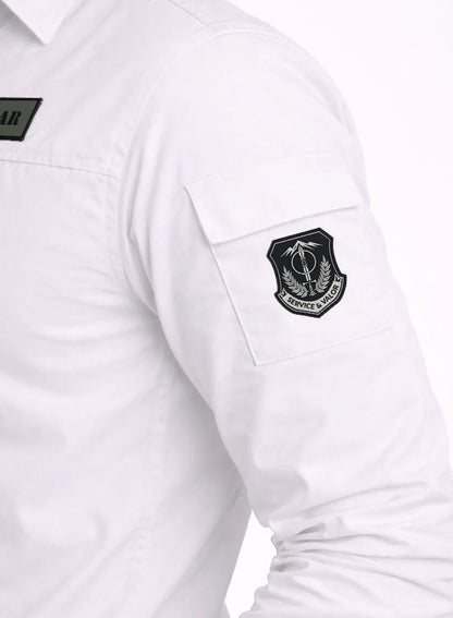 ADRO Men’s Solid White Cargo Shirt| Premium Cotton Casual Shirts for Men | Zipper Pocket & Military Style Velcro Badge | Limited Stock