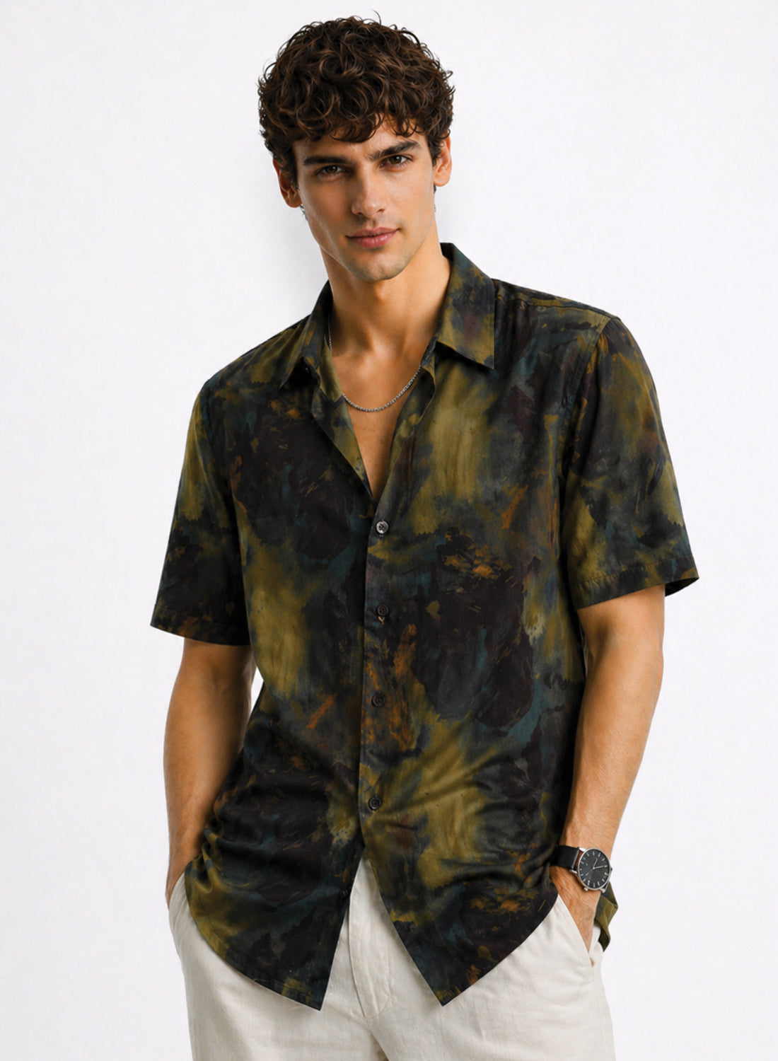Adro Olive Eclipse Abstract Resort Loose Fit Shirt Dark Green