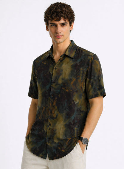 Adro Olive Eclipse Abstract Resort Loose Fit Shirt