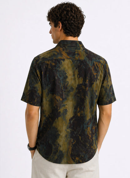 Adro Olive Eclipse Abstract Resort Loose Fit Shirt