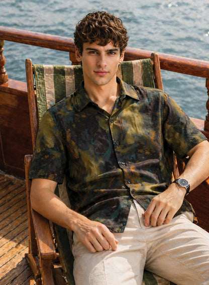 Adro Olive Eclipse Abstract Resort Loose Fit Shirt