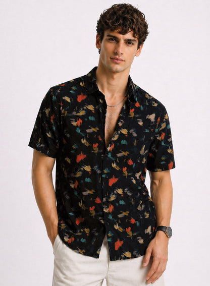 Adro Noir Splash Printed Relaxed Fit Shirt Midnight Black