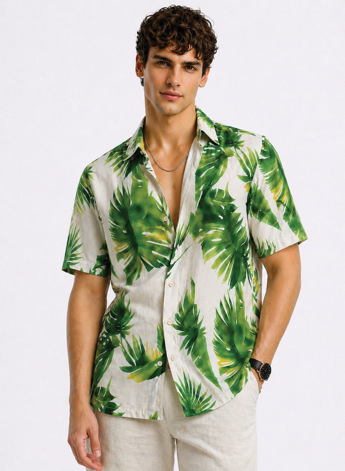 Adro Tropic Palm Resort Relaxed Fit Shirt White