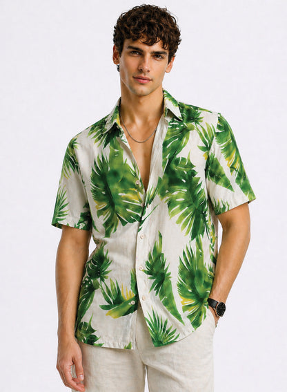 Adro Tropic Palm Resort Relaxed Fit Shirt White