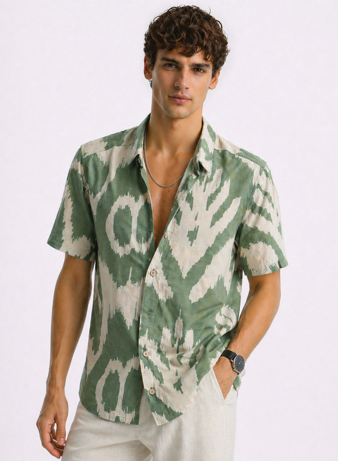 Adro Sage Ikat Printed Relaxed Fit Shirt Pista Green