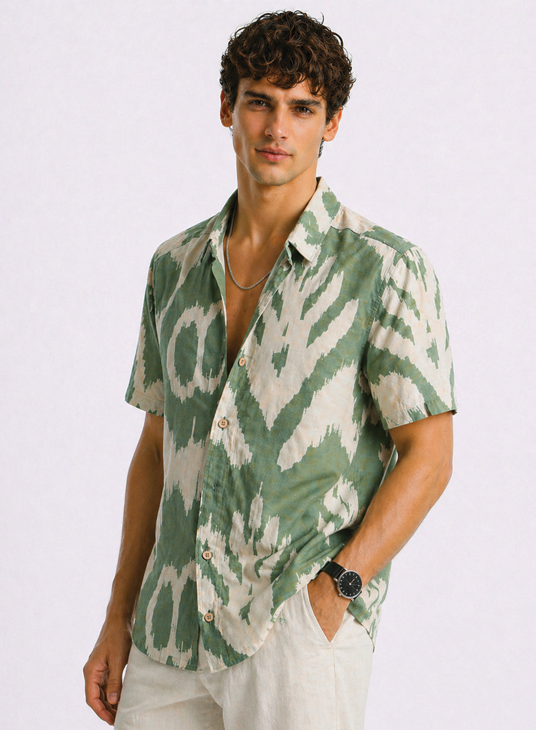 Adro Sage Ikat Printed Relaxed Fit Shirt