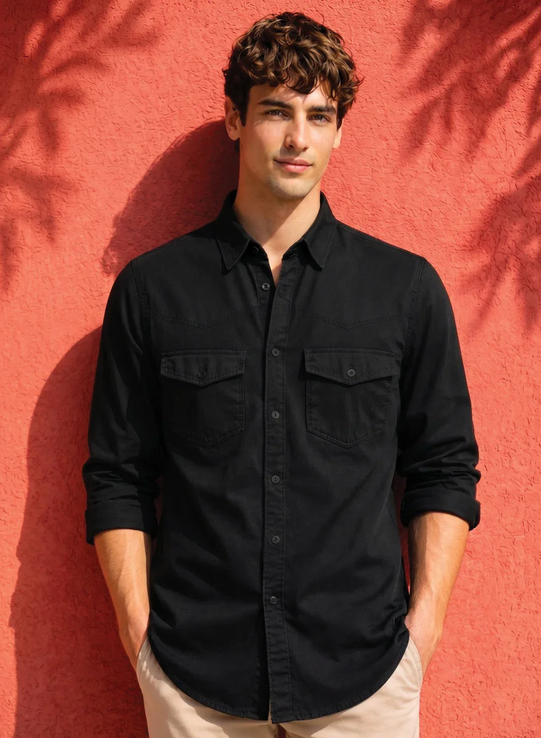 ADRO Mens Black Cotton Casual Shirts – Regular Fit, Dual Flap Pocket, Soft Washed Fabric, Full Sleeve Solid Shirt for Men Black