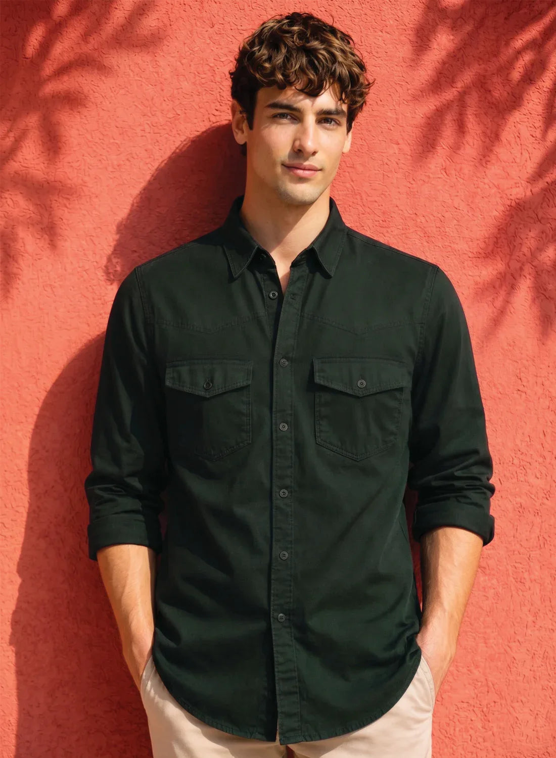 ADRO Mens Green Cotton Casual Shirts – Regular Fit, Dual Flap Pocket, Soft Washed Fabric, Full Sleeve Solid Shirt for Men
