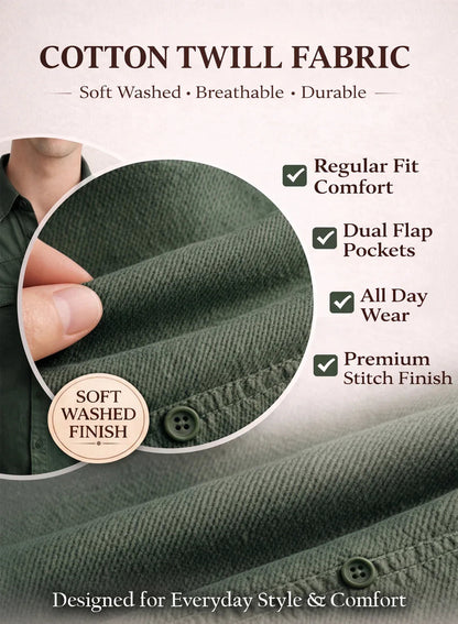 ADRO Mens Green Cotton Casual Shirts – Regular Fit, Dual Flap Pocket, Soft Washed Fabric, Full Sleeve Solid Shirt for Men