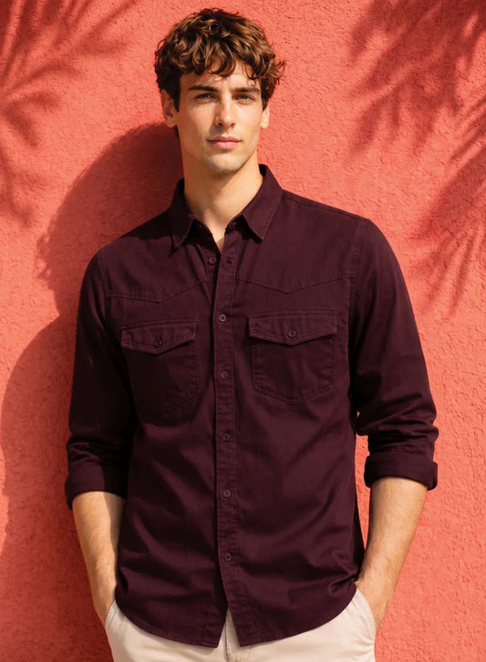 ADRO Mens Maroon Cotton Casual Shirts – Regular Fit, Dual Flap Pocket, Soft Washed Fabric, Full Sleeve Solid Shirt for Men