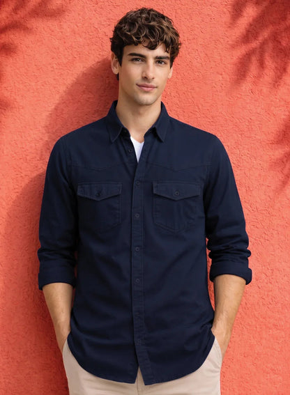 ADRO Mens Navy Cotton Casual Shirts – Regular Fit, Dual Flap Pocket, Soft Washed Fabric, Full Sleeve Solid Shirt for Men