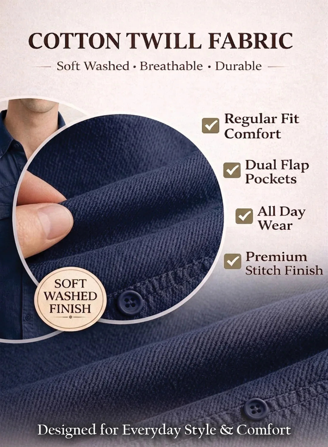ADRO Mens Navy Cotton Casual Shirts – Regular Fit, Dual Flap Pocket, Soft Washed Fabric, Full Sleeve Solid Shirt for Men