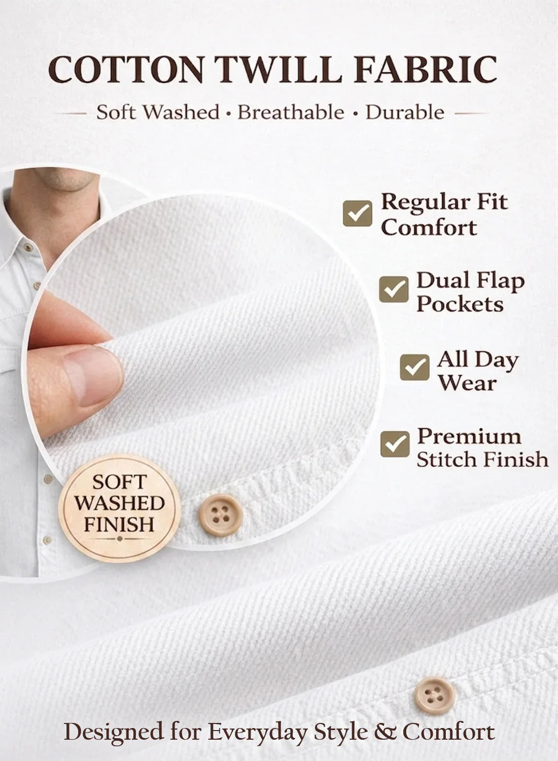 ADRO Mens White Cotton Casual Shirts – Regular Fit, Dual Flap Pocket, Soft Washed Fabric, Full Sleeve Solid Shirt for Men