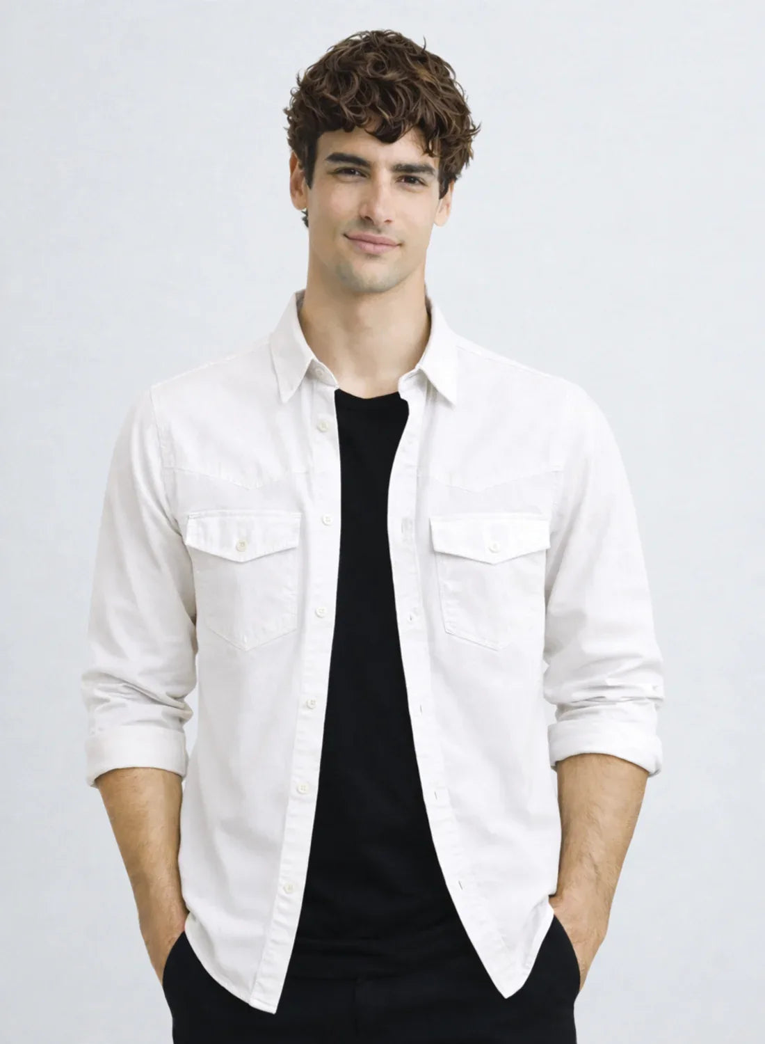 ADRO Mens White Cotton Casual Shirts – Regular Fit, Dual Flap Pocket, Soft Washed Fabric, Full Sleeve Solid Shirt for Men