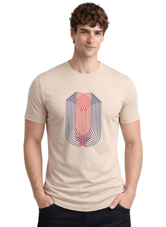 ADRO Mens Dual Arc Monogram Printed T-Shirt for Men | Cotton Printed Tshirt | Regular Fit Casual T-Shirts | Summer Tshirts Beige