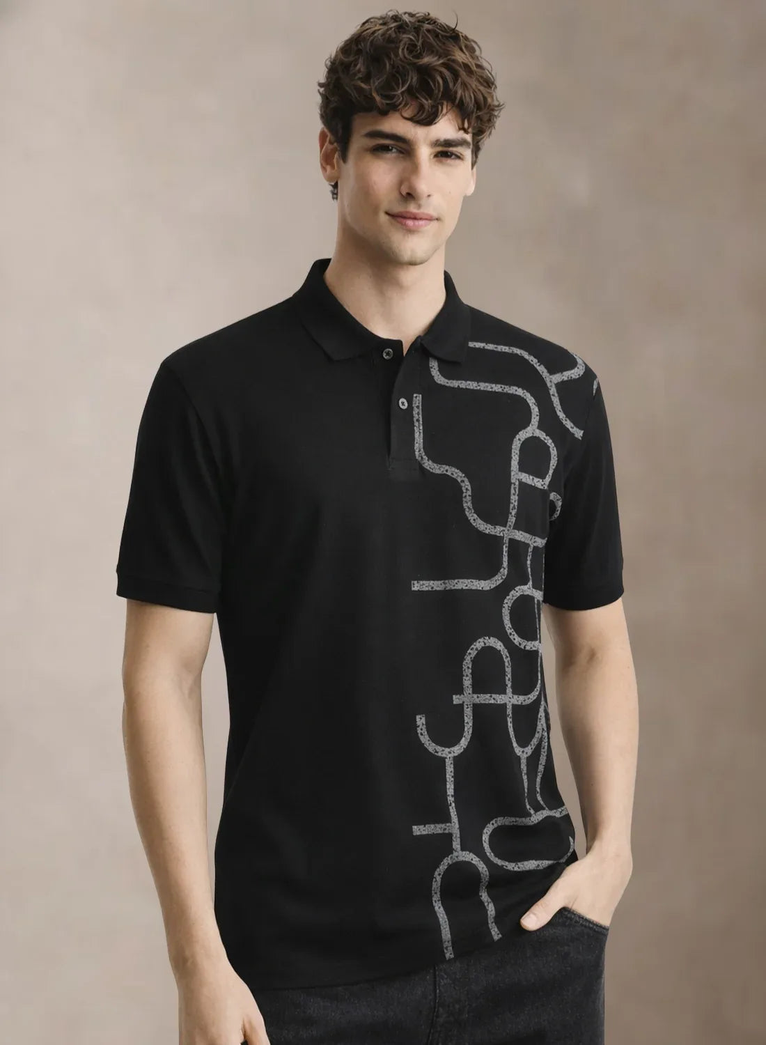 Adro Polo T-Shirt for Men | Allover Printed Polo T Shirt | Cotton Polo Tshirt Black