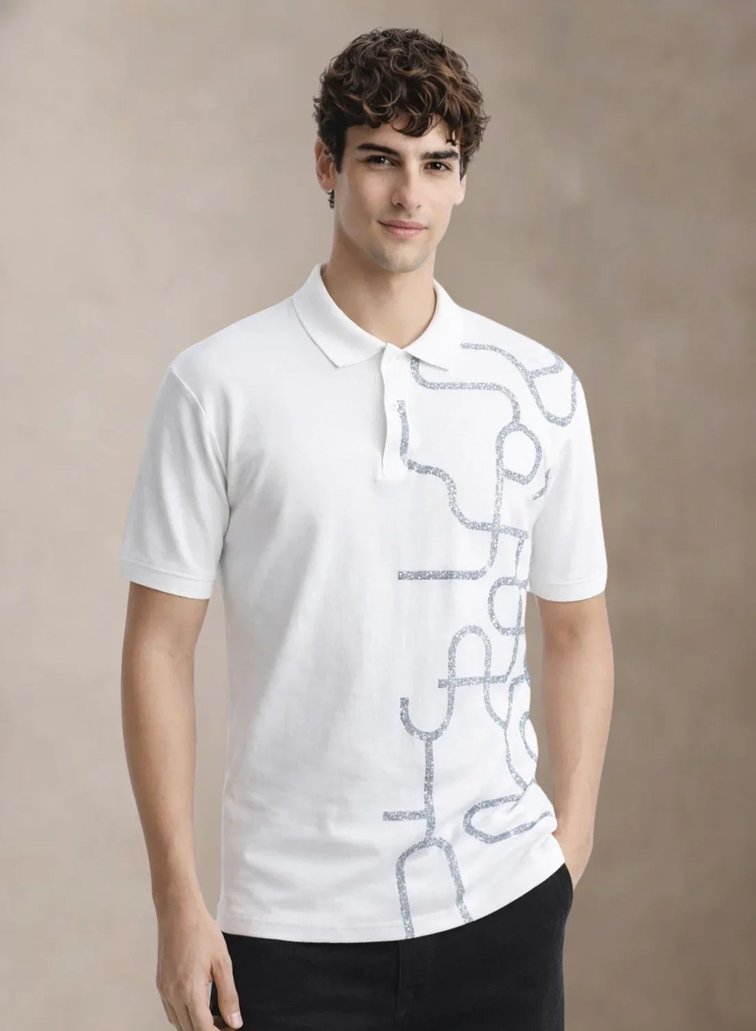 Adro Polo T-Shirt for Men | Allover Printed Polo T Shirt | Cotton Polo Tshirt White