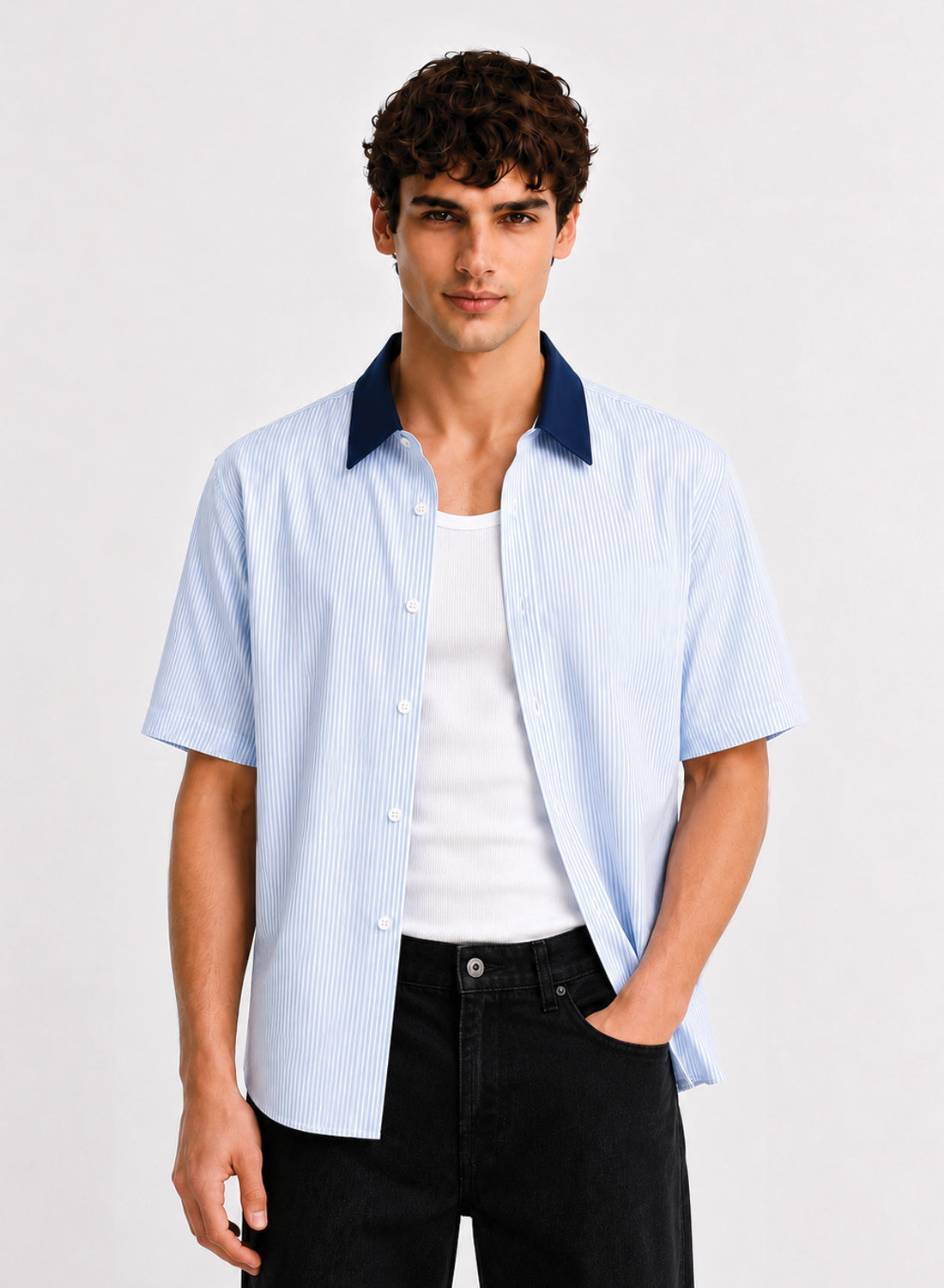 ADRO Harbor Stripe Half Sleeve Striped Shirt for Men | Cotton Blend Casual Shirts | Relaxed Fit Contrast Collar Summer Wear | Sky Blue Sky Blue