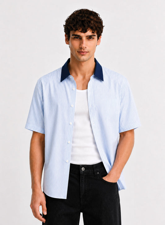 ADRO Harbor Stripe Half Sleeve Striped Shirt for Men | Cotton Blend Casual Shirts | Relaxed Fit Contrast Collar Summer Wear | Sky Blue Sky Blue