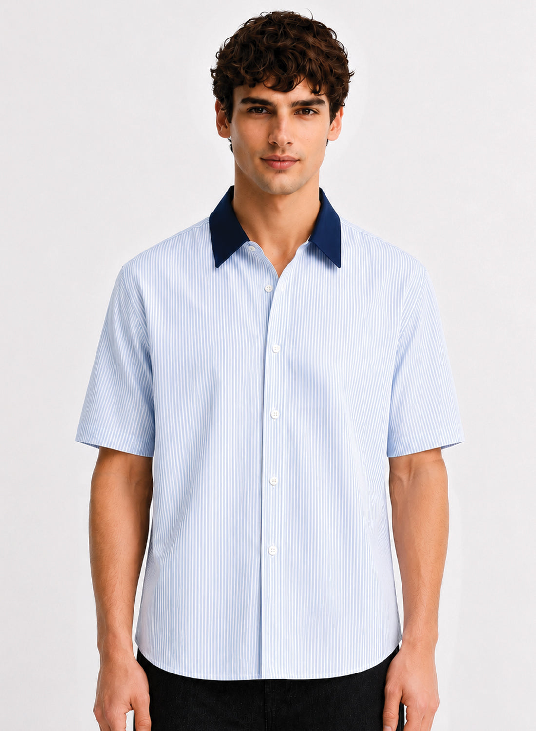 ADRO Harbor Stripe Half Sleeve Striped Shirt for Men | Cotton Blend Casual Shirts | Relaxed Fit Contrast Collar Summer Wear | Sky Blue
