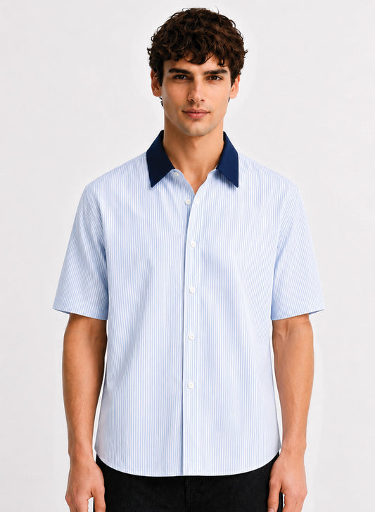 ADRO Harbor Stripe Half Sleeve Striped Shirt for Men | Cotton Blend Casual Shirts | Relaxed Fit Contrast Collar Summer Wear | Sky Blue