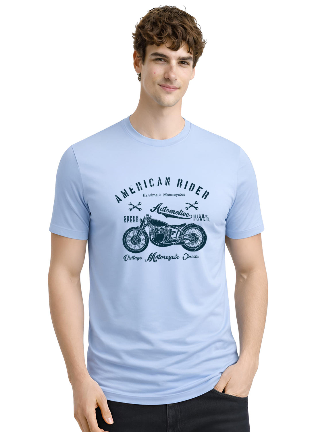 Adro Mens American Rider Printed T-Shirt | 100% Cotton T shirt for Bikers | Stylish Casual Tee Summer Regular Fit Biker Tshirt Sky Blue
