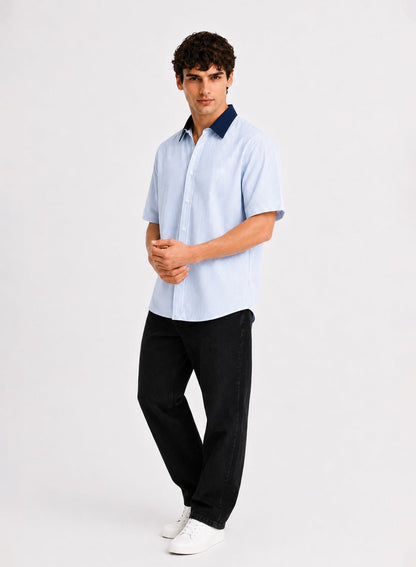 ADRO Harbor Stripe Half Sleeve Striped Shirt for Men | Cotton Blend Casual Shirts | Relaxed Fit Contrast Collar Summer Wear | Sky Blue