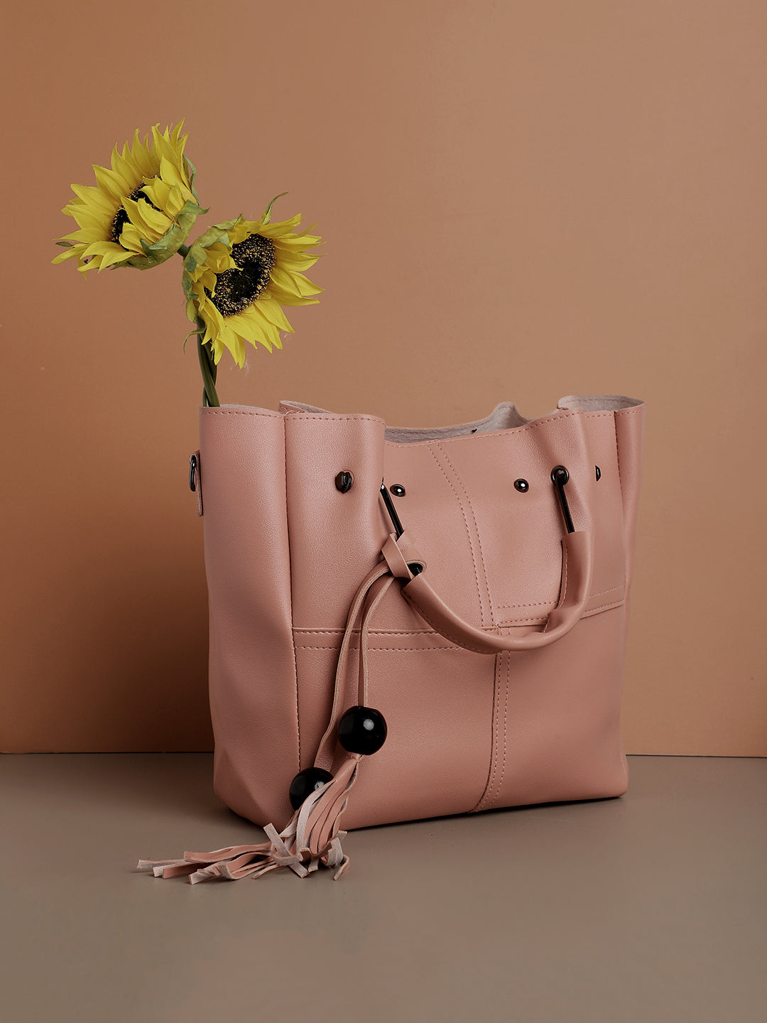 Pink Solid Vegan Leather Tote Bag With Pouch Set