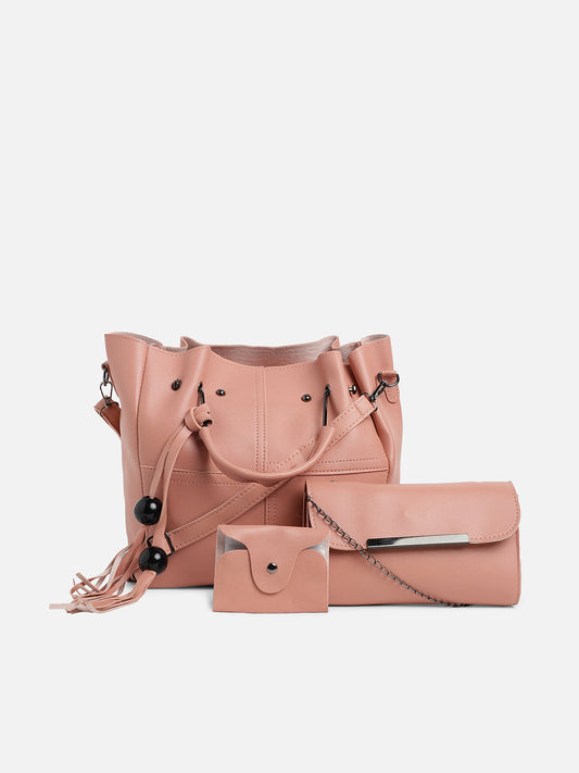Pink Solid Vegan Leather Tote Bag With Pouch Set