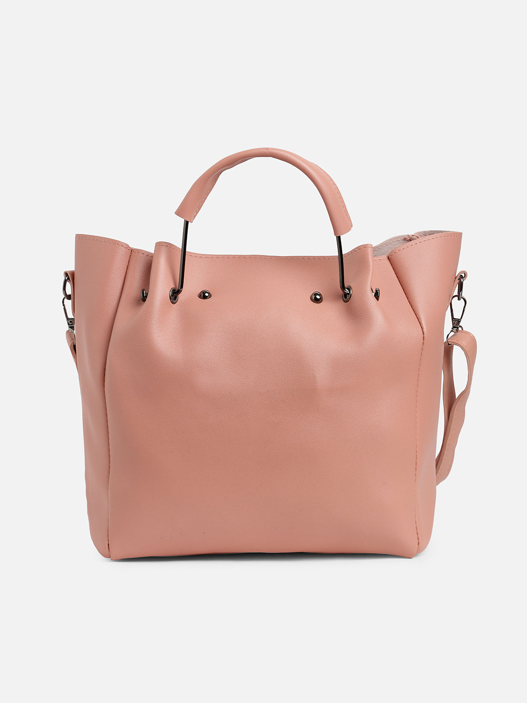 Pink Solid Vegan Leather Tote Bag With Pouch Set