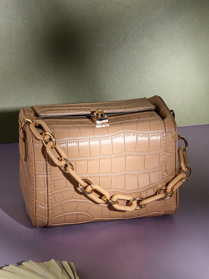 Beige Textured Vegan Leather Handbag