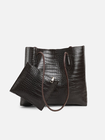 Black Textured Vegan Leather Tote Bag With Pouch Set