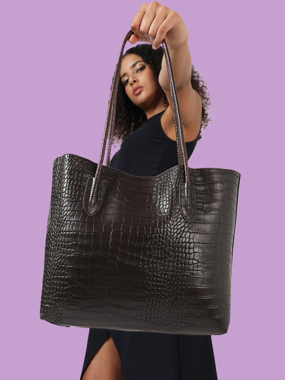 Black Textured Vegan Leather Tote Bag With Pouch Set