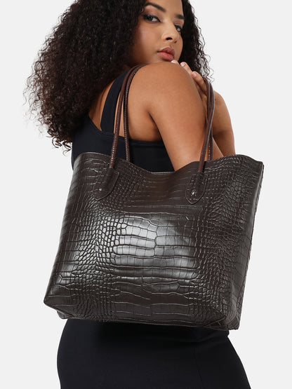 Black Textured Vegan Leather Tote Bag With Pouch Set