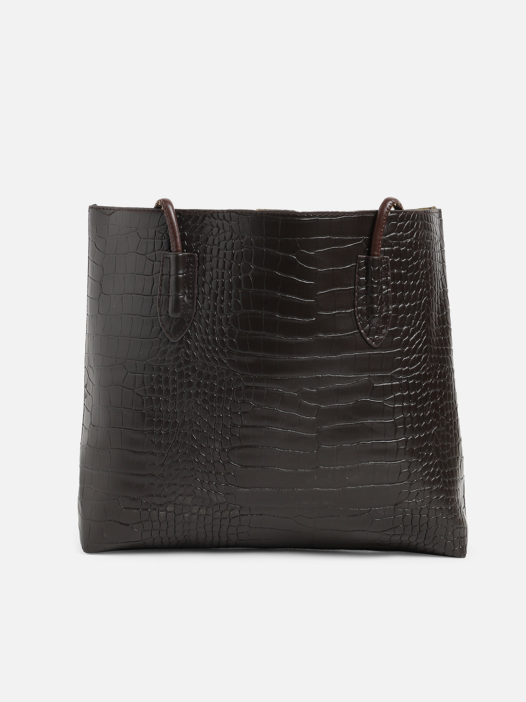 Black Textured Vegan Leather Tote Bag With Pouch Set