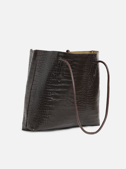 Black Textured Vegan Leather Tote Bag With Pouch Set