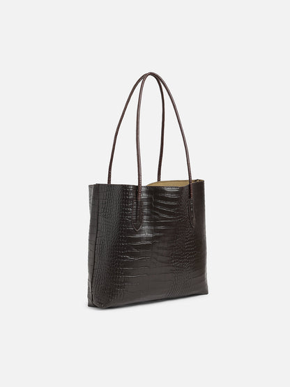 Black Textured Vegan Leather Tote Bag With Pouch Set