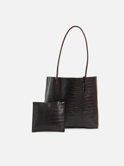 Black Textured Vegan Leather Tote Bag With Pouch Set