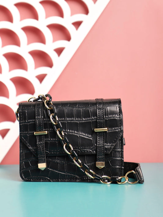 Black Textured Vegan Leather Sling Bag