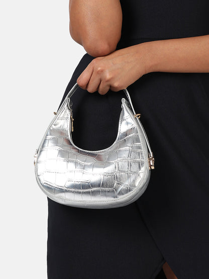 Silver Textured Vegan Leather Handbag