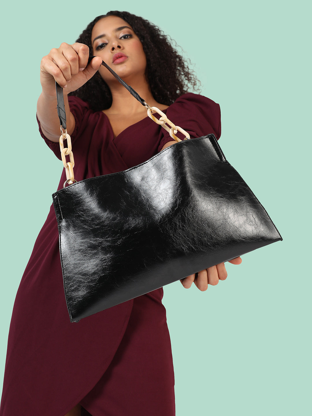 Black Solid Vegan Leather Handbag