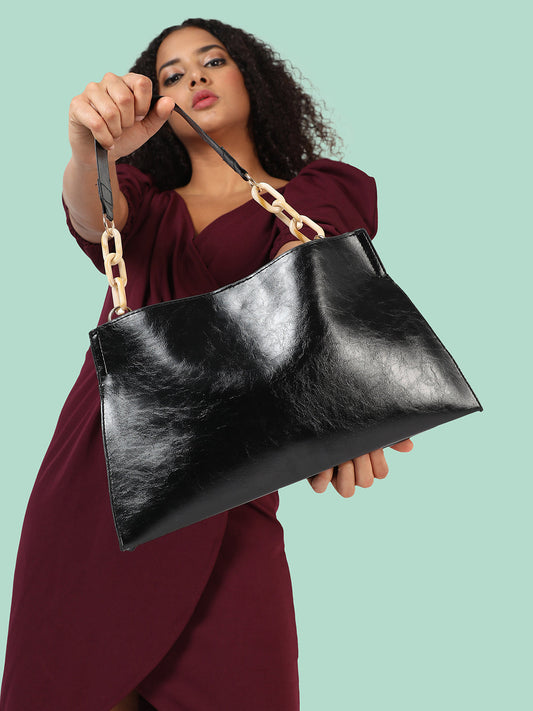 Black Solid Vegan Leather Handbag