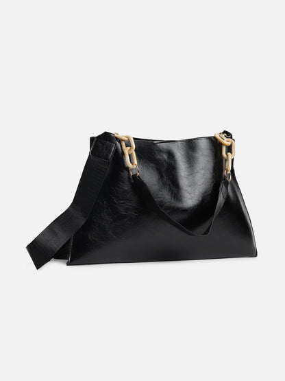 Black Solid Vegan Leather Handbag