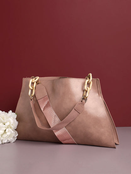 Pink Solid Vegan Leather Handbag With Pouch Set