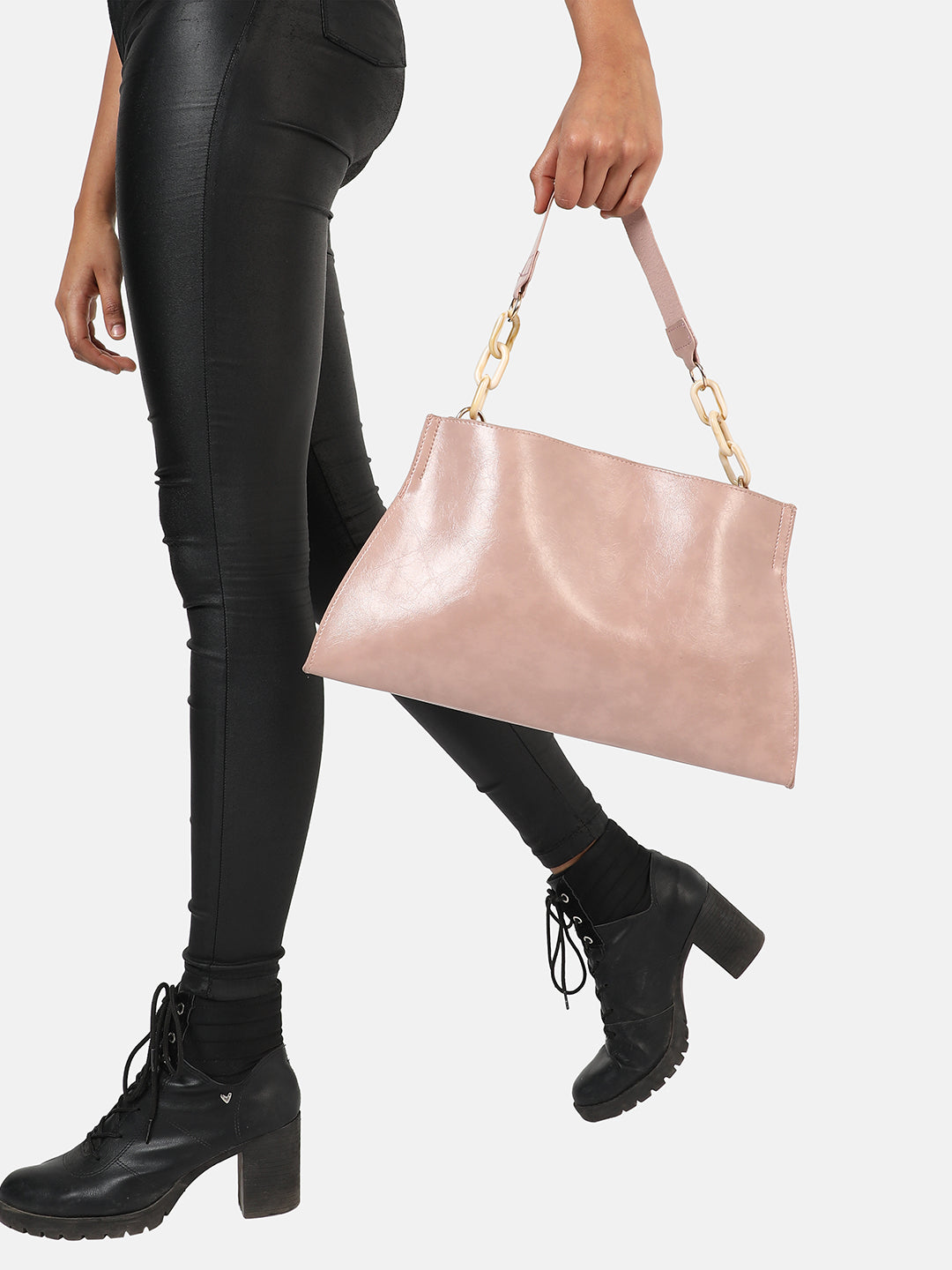 Pink Solid Vegan Leather Handbag With Pouch Set